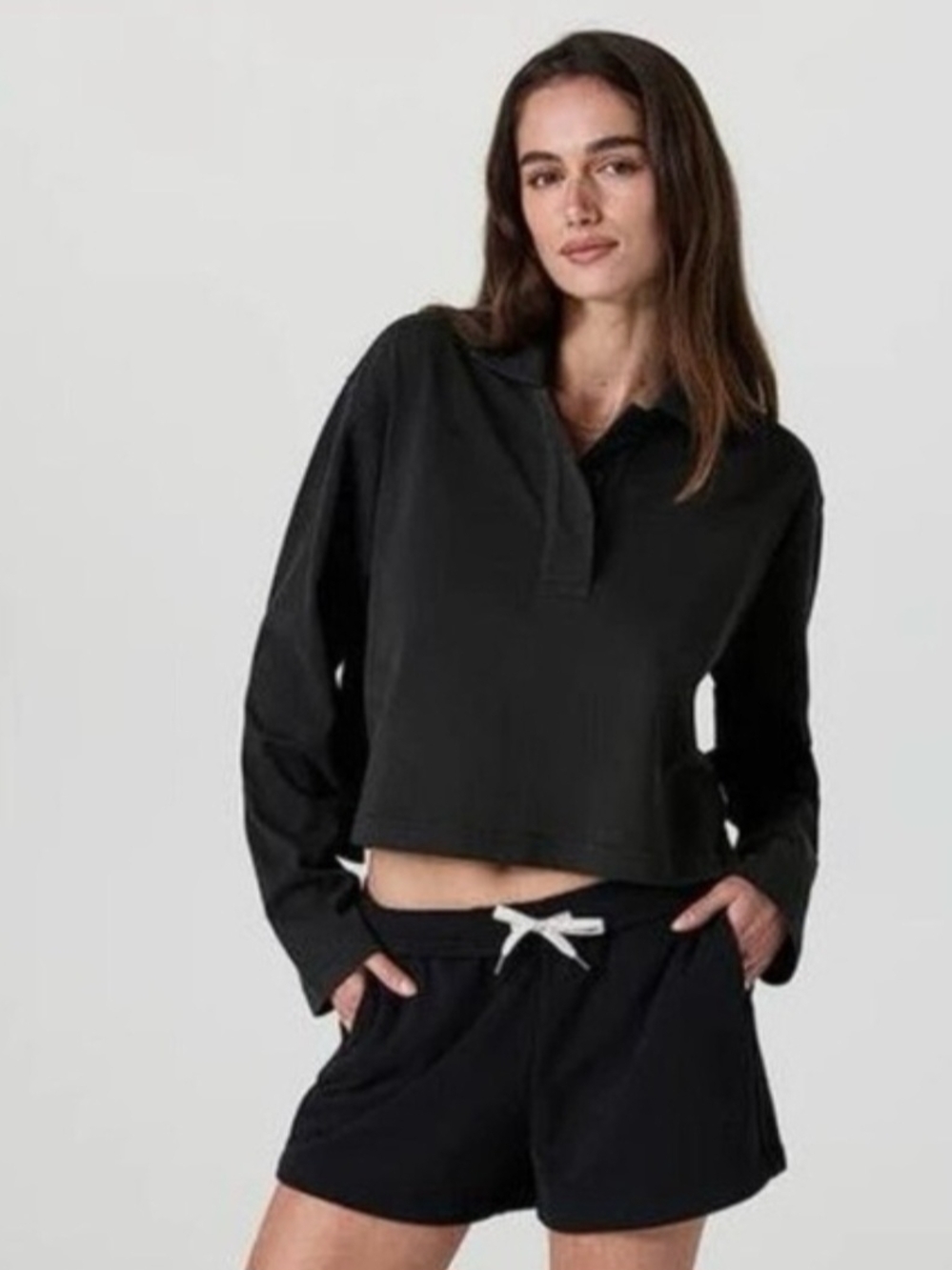 Vuori Black Long-Sleeve Mackenzie Rugby Polo Crop Top